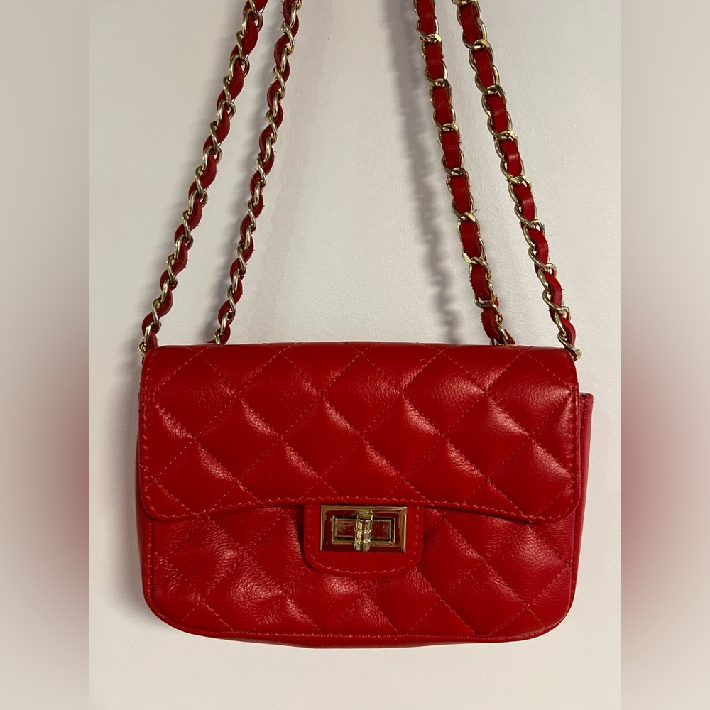 Quilted Red Chain-Handle Shoulder Bag